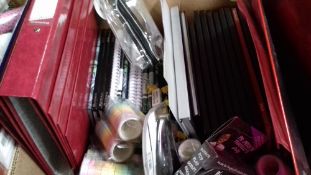 A BOX OF ASSORTED DIARIES, RING BINDERS ETC