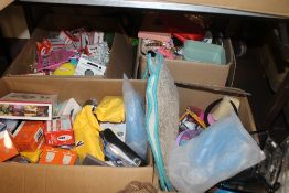 FOUR BOXES OF MAINLY NEW ITEMS TO INCLUDE SWIMMING GOGGLES DRINKS BOTTLES, CHILDREN'S TOYS ETC.