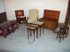 EIGHT ITEMS TO INCLUDE: A SEWING BOX STORAGE TABLE AND CONTENTS, AN EASY CHAIR, A BLANKET BOX, A