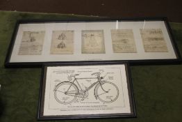 A FRAMED AND GLAZED REPRODUCTION PICTURE OF DRAWINGS AFTER LEONARDO DA VINCI OF WING MECHANISMS