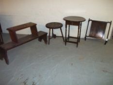 AN OAK STEP TABLE, TWO OAK SIDE TABLES AND A FIRE SCREEN (4 ITEMS)