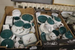 TWO TRAYS OF DENBY 'GREEN WHEAT' TEA & DINNERWARE (TRAYS NOT INCLUDED)