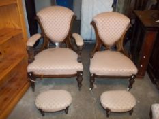 TWO EDWARDIAN CHAIRS AND FOOT STOOLS.