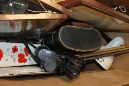 A BOX OF SUNDRIES TO INCLUDE ANGLEPOISE LAMP, A PAIR OF PRINZ BINOCULARS, FISHING ROD ETC.