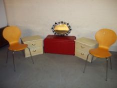 FIVE ITEMS TO INCLUDE TWO MODERN TWO DRAWER BEDSIDE CHESTS, TWO MODERN CHAIRS AND A FAUX LEATHER RED