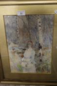 A FRAMED AND GLAZED PICTURE OF A LADY IN THE WOODS SIGNED D. WOODLOOK
