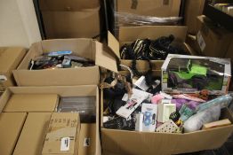 SEVEN BOXES OF MAINLY NEW ITEMS TO INCLUDE HAIR BANDS, A MAISTO REMOTE CONTROL TRUCK A/F, SCREEN