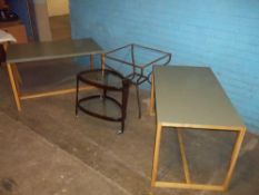FOUR ITEMS TO INCLUDE TWO HABITAT TABLES, A VINTAGE GLASS SHELVED TEARDROP SERVING TROLLEY A/F AND A