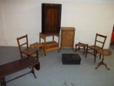 A SELECTION OF EIGHT ITEMS TO INCLUDE AN ANTIQUE CORNER CUPBOARD, TWO CHAIRS, A LEATHER INLAID WINE