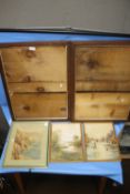 TWO ANTIQUE GLAZED OAK FRAMES TOGETHER WITH THREE SMALL WATERCOLOUR SEASCAPES