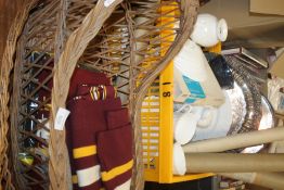 A BOX OF CERAMICS ETC. TOGETHER WITH A WICKER CRIB