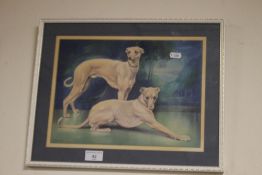 A FRAMED AND GLAZED PRINT OF TWO GREY HOUNDS