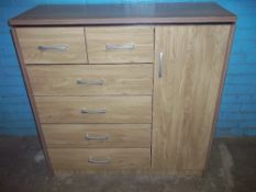A MODERN OAK EFFECT COMBINATION TALLBOY WARDROBE UNIT WITH HANGING SPACE AND SIX DRAWERS