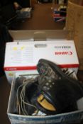 A BOXED CANON PIXMA PRINTER TOGETHER WITH TWO PAIRS OF SKI BOOTS ETC.