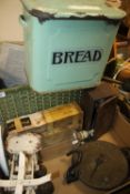 AN ENAMEL BREAD BIN, TWO SETS OF VINTAGE SCALES ETC.