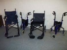 TWO WHEEL CHAIRS AND TWO WALKING AIDS.