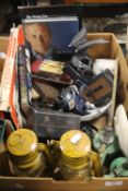 A BOX OF SUNDRIES TO INCLUDE FOUR FISHING REELS, TWO OIL CANS, TWO HURRICANE LAMPS, TWO CAMERAS