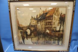 A FRAMED AND GLAZED HENRY CASSIERS PRINT 'MALINES HARBOUR, MECHELEN, BELGIUM' ART-RED STAR LINES