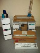 A BOXED BROTHER KNITTING MACHINE WITH WOOL DESK, STORAGE UNIT AND ACCESSORIES