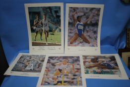 FIVE SIGNED PRINTS OF BRITISH OLYMPIC CHAMPIONS to include Dame Mary Peters, Lord Sebastian Coe,