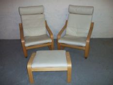 TWO CREAM LEATHER IKEA CHAIRS AND A STOOL.