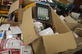 SIX BOXES OF MAINLY NEW ITEMS TO INCLUDE BOOKS, INK CARTRIDGES, SPY SCOPES, PHONE CASES ETC.