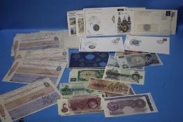 A COLLECTION OF BANK NOTES, CHEQUES, COINS ETC. TO INCLUDE NOVELTY LAUREL & HARDY 10/-