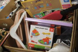 A SMALL BOX OF MAINLY NEW ITEMS TO INCLUDE TOYS ETC.