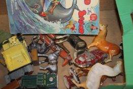 A COLLECTION OF VINTAGE TOY VEHICLES TO INCLUDE SPOT-ON JAGUAR XKE ETC.