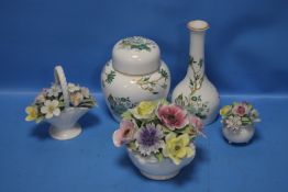 A COALPORT 'KOWLOON' GINGER JAR WITH MATCHING VASE TOGETHER WITH TWO ROYAL DOULTON POSIES AND A