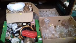 TWO TRAYS OF CERAMICS TOGETHER WITH TWO TRAYS OF GLASSWARE MAINLY CUT GLASS (TRAYS NOT INCLUDED)