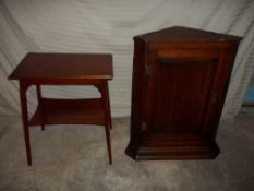 A MAHOGANY WALL MOUNTED CORNER DISPLAY UNIT AND A TABLE (2)