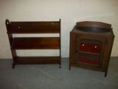 EARLY 1900'S BOOKSHELF AND A CARVED GLASS DISPLAY CABINET.