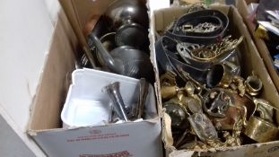 TWO BOXES OF METALWARE TO INCLUDE BRASS, COPPER ETC.