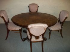 A GEORGIAN FLIP TOP OVAL TABLE AND FOUR CHAIRS.