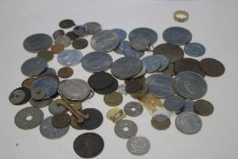 A TUB OF COINS, MEDALS, BADGES ETC.