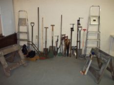 A SELECTION OF GARDEN TOOLS, TWO ALUMINIUM STEP LADDERS, THREE SASH CLAMPS AND A WEBB MINIATURE PUSH
