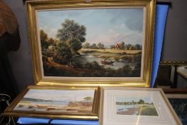 A LARGE OIL ON CANVAS DEPICTING A COUNTRY SCENE SIGNED DURAN FAIME, 107 X 78 CM, A FRAMED OIL ON