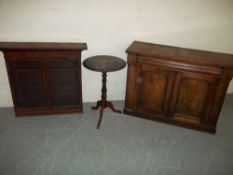AN ANTIQUE MAHOGANY SIDEBOARD AND A GLAZED BOOKCASE TOGETHER WITH A SMALL TABLE