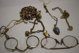 TWO LORGNETTES TOGETHER WITH A 9 CT ROLLED GOLD PENDANT, A RESIN CORAL EFFECT BROOCH TOGETHER WITH A