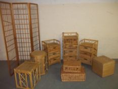 EIGHT WICKER ITEMS TO INCLUDE TABLES, CHEST OF DRAWERS AND A BASKET ETC.