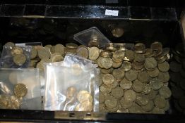 AN ANTIQUE CASH BOX OF 3d COINS