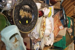 TWO TRAYS OF SUNDRIES AND CERAMICS TOGETHER WITH A TRAY OF MAGAZINES (TRAYS NOT INCLUDED)