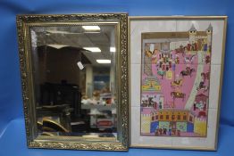 A GILT FRAMED MIRROR, 48 X 48 CM TOGETHER WITH A FRAMED SET OF TILES SIGNED CITE GRAFIK (?)