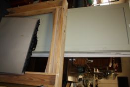 A PINE FIRE SURROUND AND A PAINTED SIX FOLD SCREEN TOGETHER WITH THREE ART PORTFOLIO WALLETS