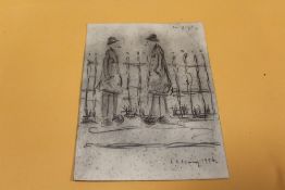 CIRCLE OF LAWRENCE STEPHEN LOWRY 1887 - 1976 - A STUDY OF TWO MEN BY RAILINGS, BEARS SIGNATURE AND