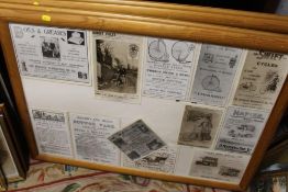 A SET OF FOUR PINE FRAMED PHOTOGRAPHIC AND ADVERTISING DISPLAYS TO INCLUDE CYCLING AND VINTAGE