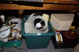 THREE TRAYS OF HOUSEHOLD SUNDRIES, TO INCLUDE A BRASS BANKERS LAMP, DRESSING TABLE MIRROR, ETC.