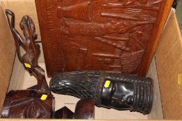 A LARGE WEST AFRICAN / NIGERIAN OBA WOODEN HEAD, CARVED BENIN WOODEN PLAQUE ETC.