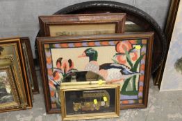 A SMALL QUANTITY OF PICTURES AND MIRRORS TO INCLUDE AN OVA;L WALL MIRROR, NEEDLEWORK OF A MALLARD